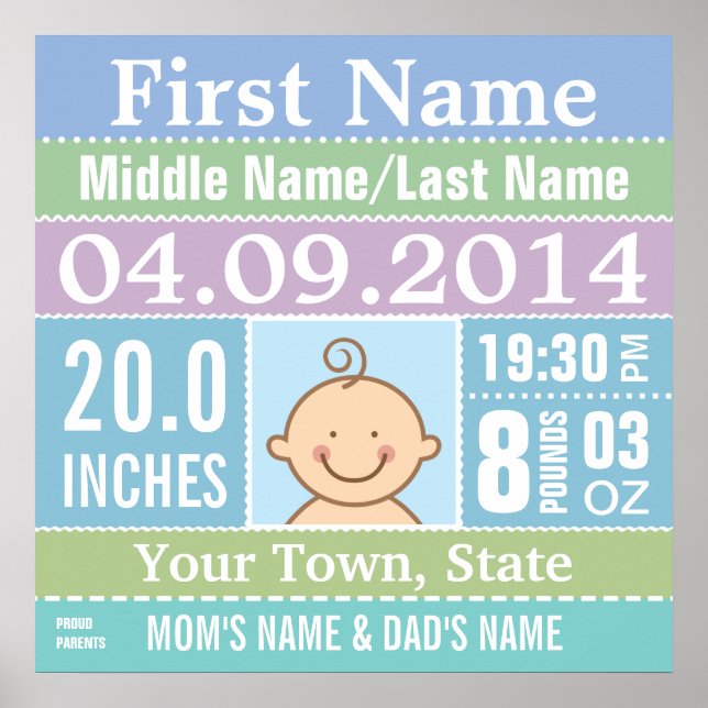 Poster personnalisé Baby Boy Birth Stats (Devant)