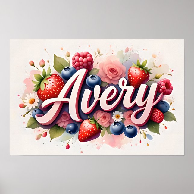 Poster personnalisé Berry Floral Nom "Avery" (Devant)