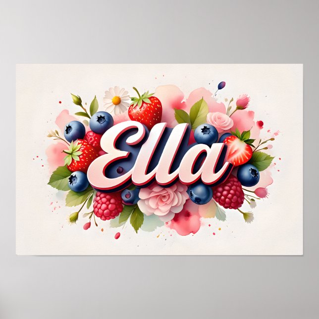 Poster personnalisé Berry Floral Nom "Ella" (Devant)