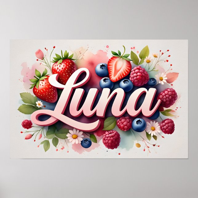 Poster personnalisé Berry Floral Nom "Luna" (Devant)