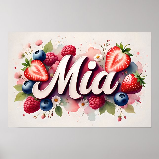 Poster personnalisé Berry Floral Nom "Mia" (Devant)
