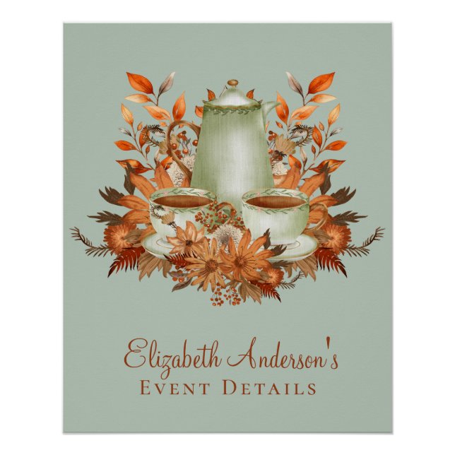 Poster Personnalisé Boho Terracotta Floral Sage Tea Party (Devant)