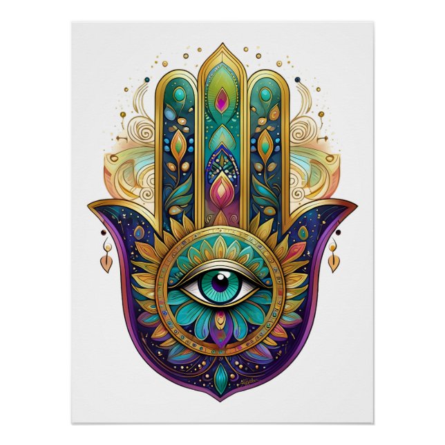 Poster Pétales violettes vert or Hamsa Turquoise Troisièm (Devant)