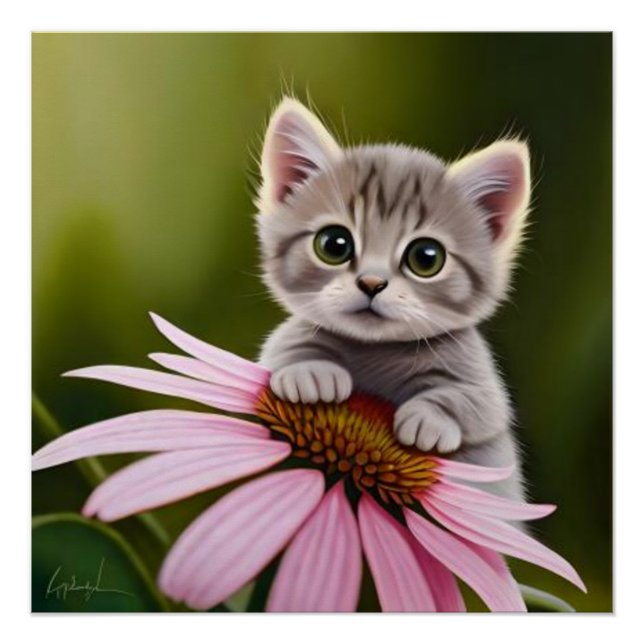 Poster Petit chat gris floral mignon (Devant)