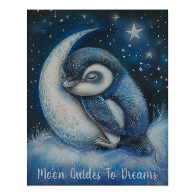 Poster Petit oiseau de pingouin dormant sur Lune (Devant)