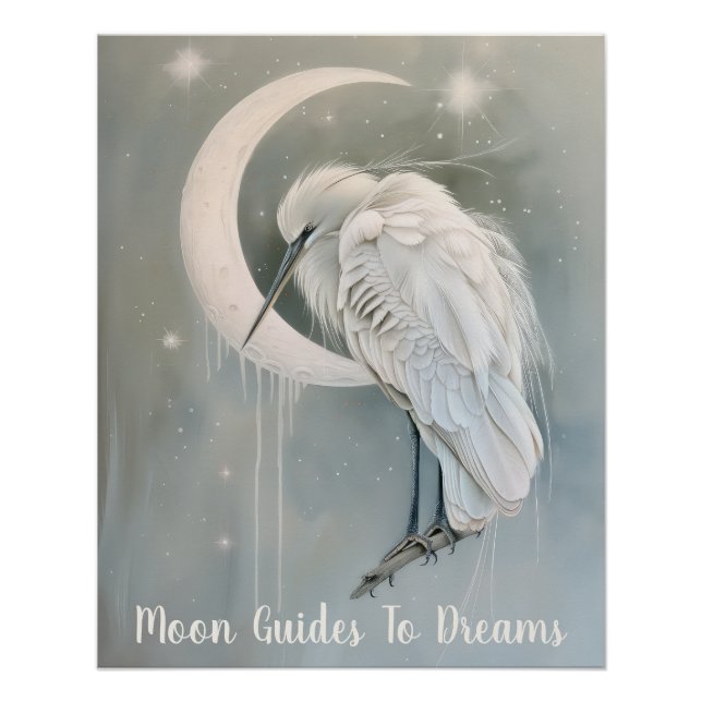 Poster Petit oiseau héron dormant sur Lune (Devant)