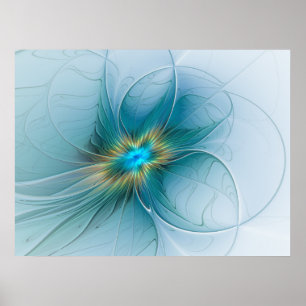 Poster Petite Beauté Moderne Fleur d'Art Fractal Bleu Or