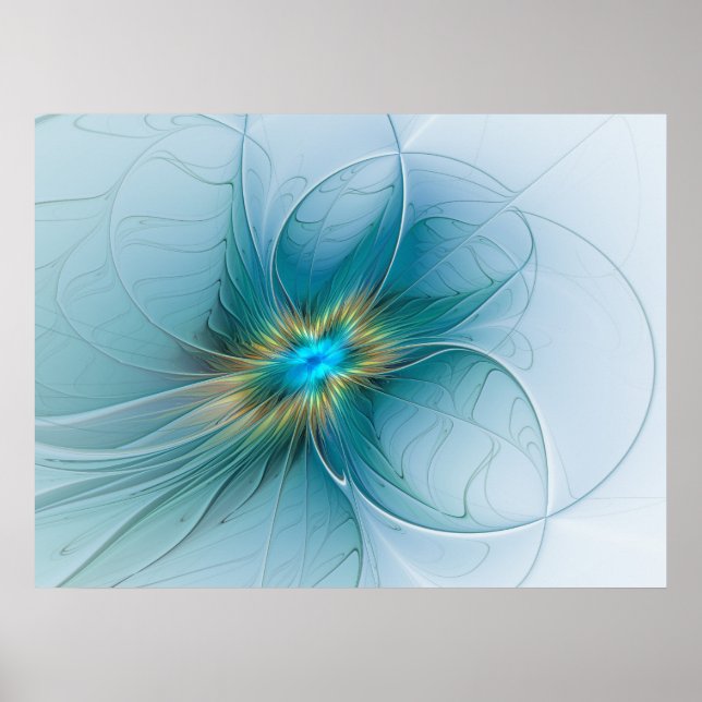 Poster Petite Beauté Moderne Fleur d'Art Fractal Bleu Or (Devant)