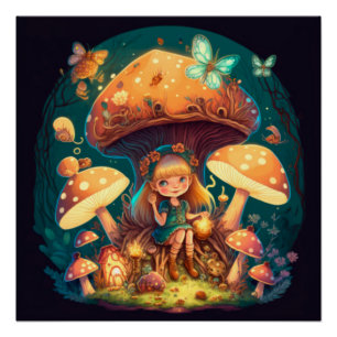 Poster Petite elve de fille parmi les champignons
