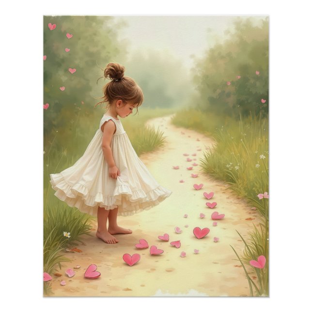 Poster Petite Fille Aux Coeurs Roses Sur Le Chemin Du Che (Devant)