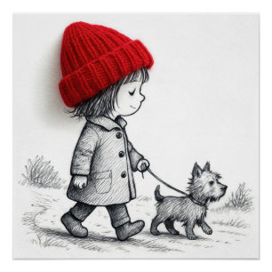 Poster Petite Fille Avec Chapeau Rouge 3-D Promenent Son 