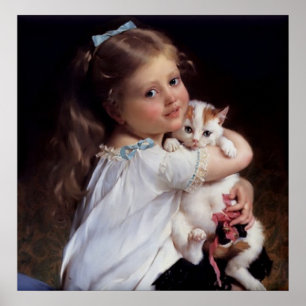 Poster Petite fille douce et son chaton
