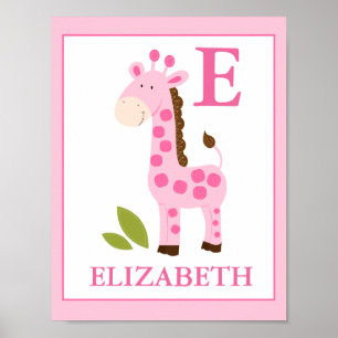 POSTER PETITE FILLE GIRAFFE ROSE NOM PERSONNALISÉ IMPRIME