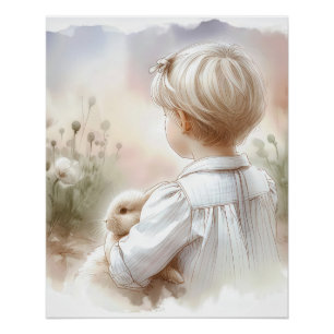 Poster Petite fille tenant un lapin