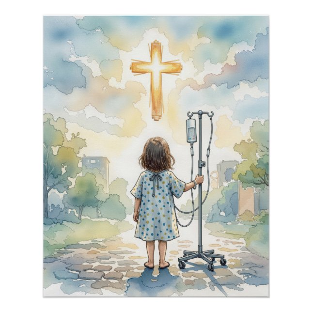 Poster Petite Fille Tenant un Poteau de Perfusion (Devant)