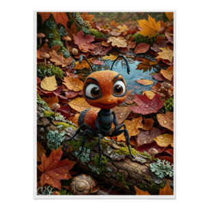 Poster Petite fourmi automne bûche feuilles mortes forêt
