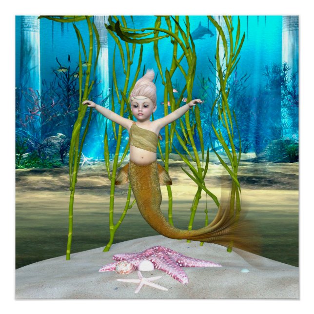 Poster Petite Sirène Fantaisie Fille, Océan Bleu (Devant)