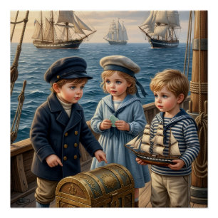 Poster Petits enfants marins découvrant un coffre au trés