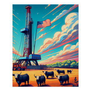 Poster Pétrole Gaz Dragage Scène Bétail Et Drapeau