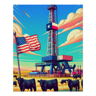 Poster Pétrole Gaz Dragage Scène Bétail Et Drapeau