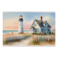 Phare de bord de mer et chalet d'aquarelle scène