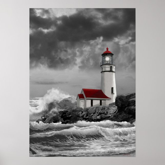 Poster Phare du Cap Blanco en noir et blanc (Devant)