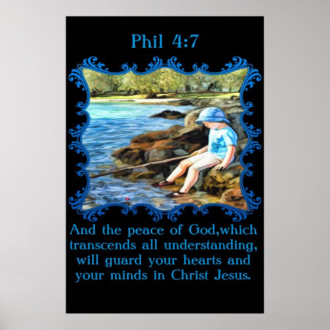 Poster Phil 4:7 Enfant garçon pêche dans la rivière. (Devant)