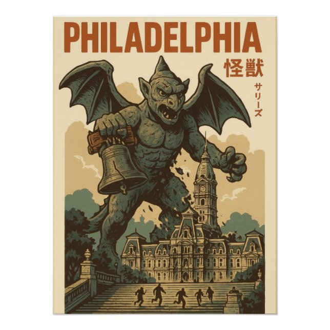Poster Philadelphia Gargoyle Monster Attack Vintage City  (Devant)