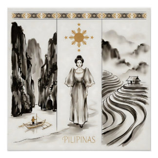 Poster Philippines-El Nido & Rizières-Ink wash