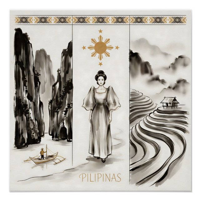 Poster Philippines-El Nido & Rizières-Ink wash (Devant)