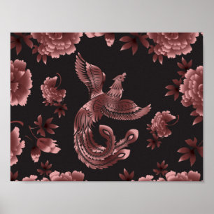 Poster Phoenix Oiseau aux fleurs de pivoines