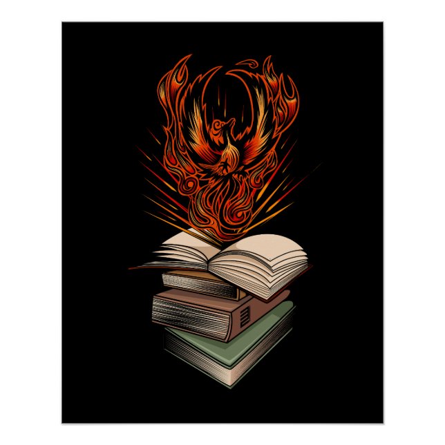 Poster Phoenix Rising From Books Flames Fantasy Magical (Devant)