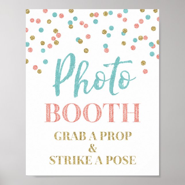 Poster Photo Booth Wedding Sign Gold Teal Coral Confetti (Devant)