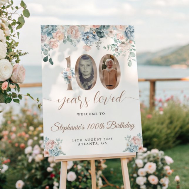 Poster Photo florale bleu et rose 100e anniversaire Bienv (Créateur téléchargé)