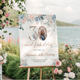 Poster Photo florale bleue et rose 30e anniversaire Bienv