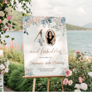 Poster Photo florale bleue et rose 40e anniversaire Bienv