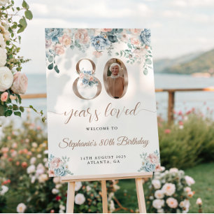 Poster Photo florale bleue et rose 80e anniversaire Bienv