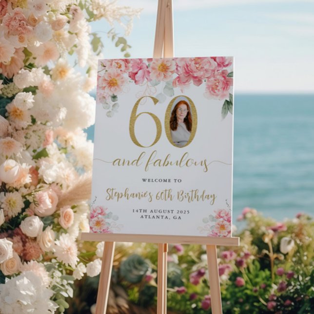 Poster Photo Florale rose et or 60e anniversaire Bienvenu (Créateur téléchargé)