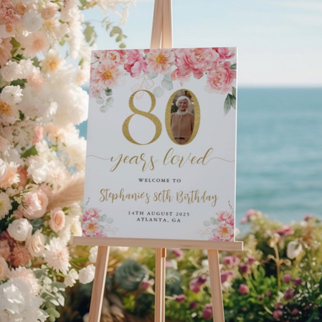 Poster Photo Florale rose et or 80e anniversaire Bienvenu (Créateur téléchargé)