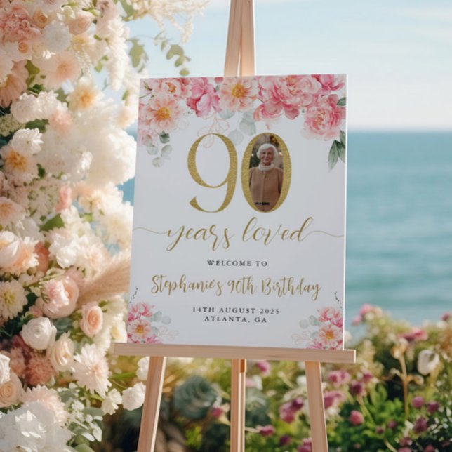 Poster Photo Florale rose et or 90e anniversaire Bienvenu (Créateur téléchargé)