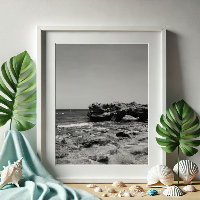 Poster Photographie de Travel Florida Beach (Black and white Florida travel photography poster of Blowing Rocks Coral Cove Beach Jupiter Florida)