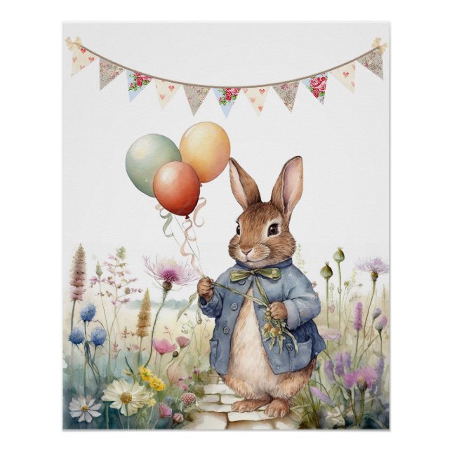 Poster Pierre le lapin bleu veste avec ballons (Devant)