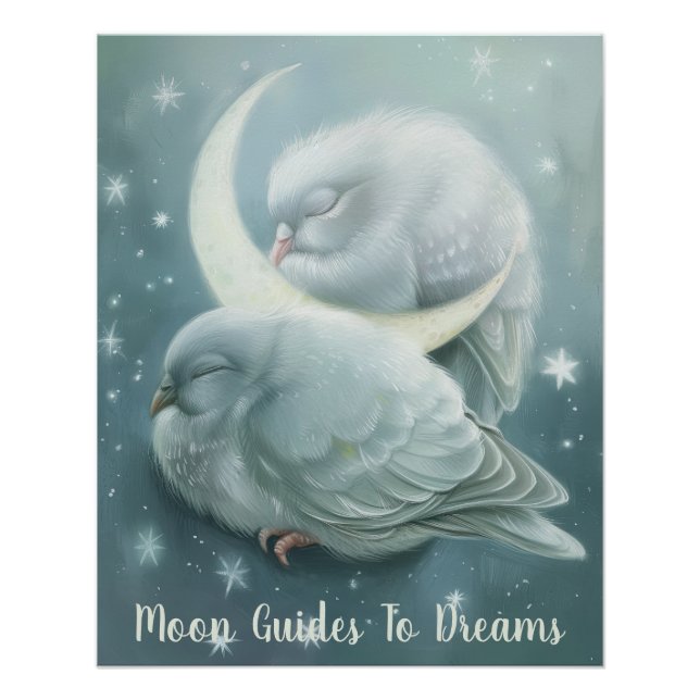 Poster Pigeon oiseau bébé dormir sur la Lune (Devant)