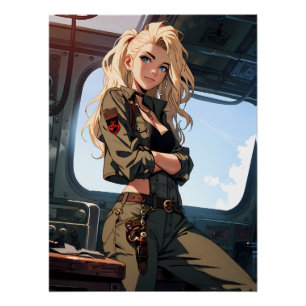 Poster Pilote Anime Blonde Aviatrice Art
