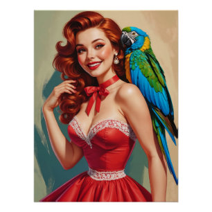 Poster Pin-up et perroquet à tête rouge souriante