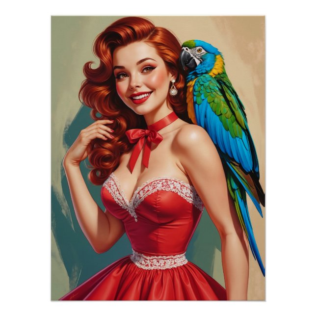 Poster Pin-up et perroquet à tête rouge souriante (Devant)