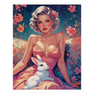 Poster Pin-up Floral mignon lapin de Pâques
