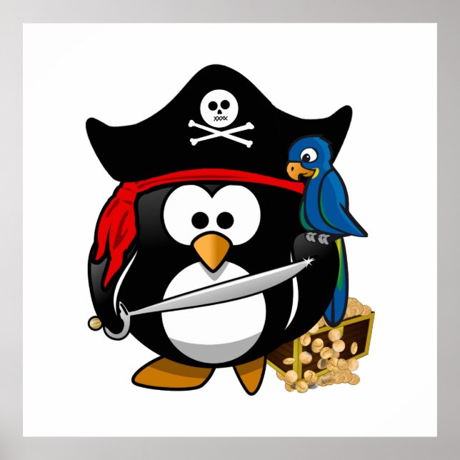 Poster Pingouin de pirate mignon avec coffre au trésor (Devant)