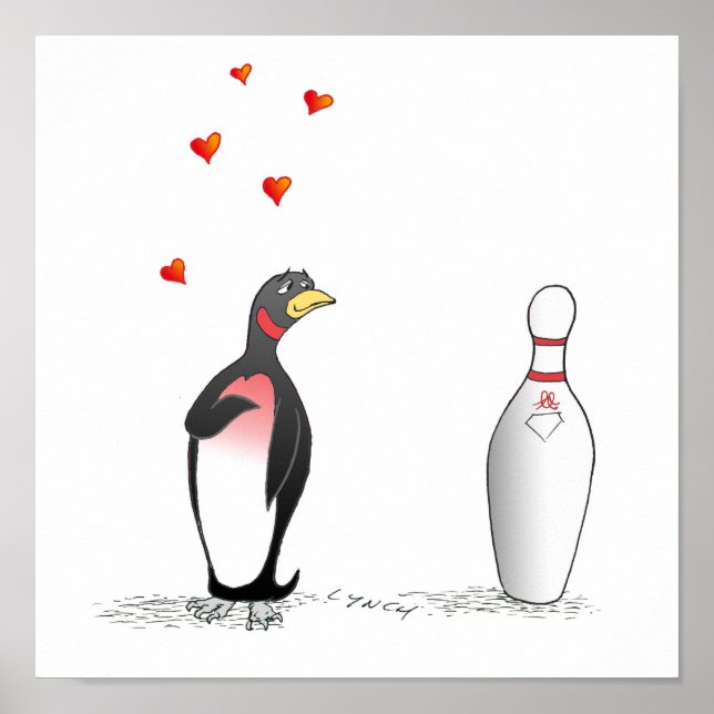 Poster Pingouin en amour avec pinceau de bowling (Devant)