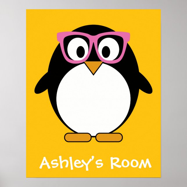 Poster Pingouin Hipster - Cartoon mignon rose jaune (Devant)